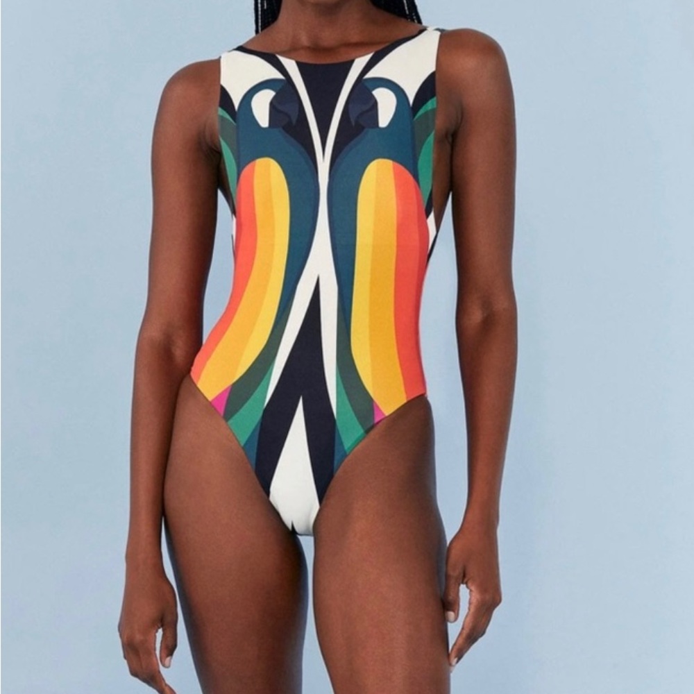 NWT Farm Rio Macaw Stripes One Piece Swimsuit size Medium